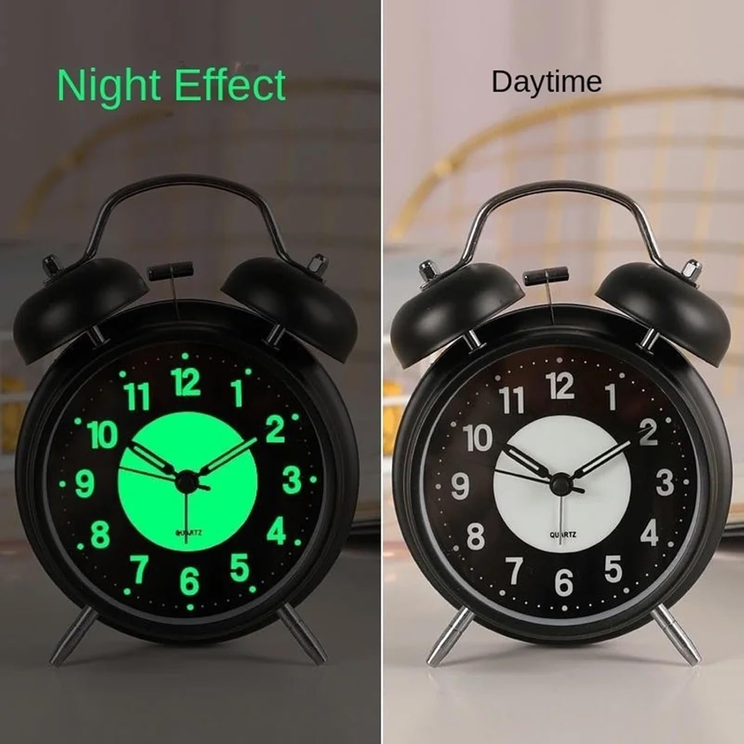 Retro Twin Bell Alarm Clock Silent Non Ticking Night Light Heavy Sleepers clock