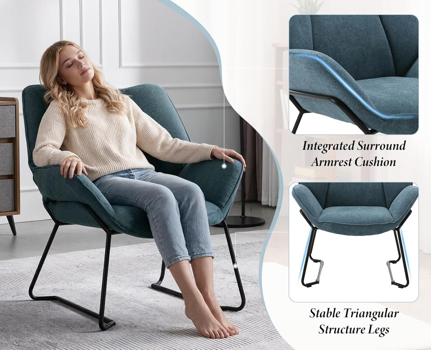 Blue Chenille Accent Tub Chair Metal Legs Modern Armchair