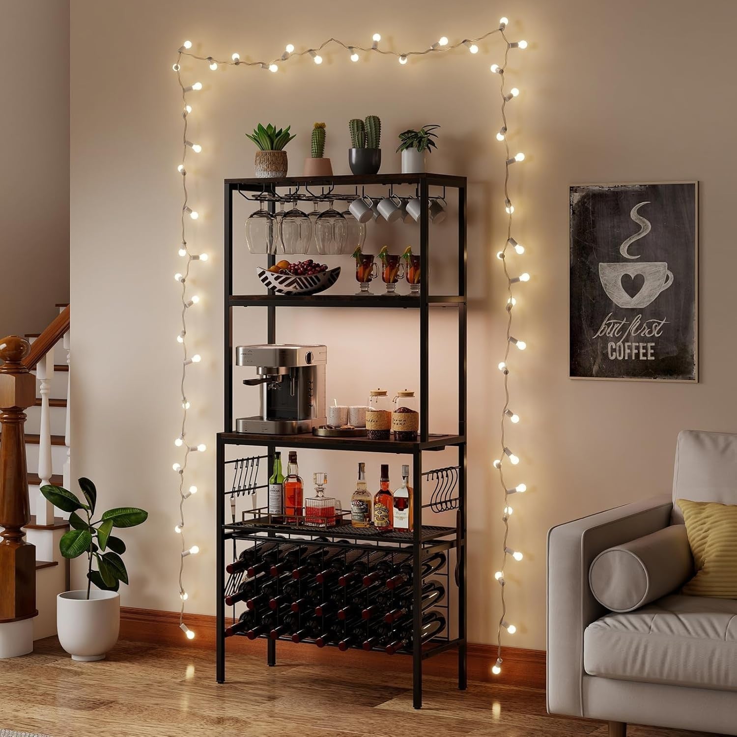 4 Tier Wine Bar Cabinet with Power Outlets, 24 Bottle Rack, Glass & Mug Holder