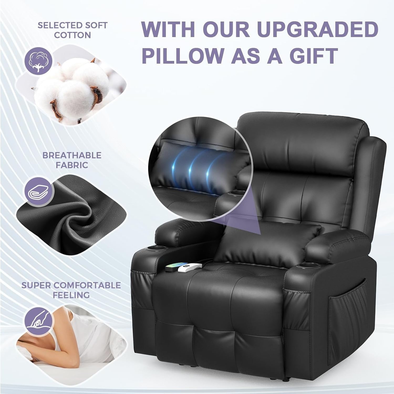 Electric Recliner Chair Massage Heat USB Type-C Cup Holders Black Armchair