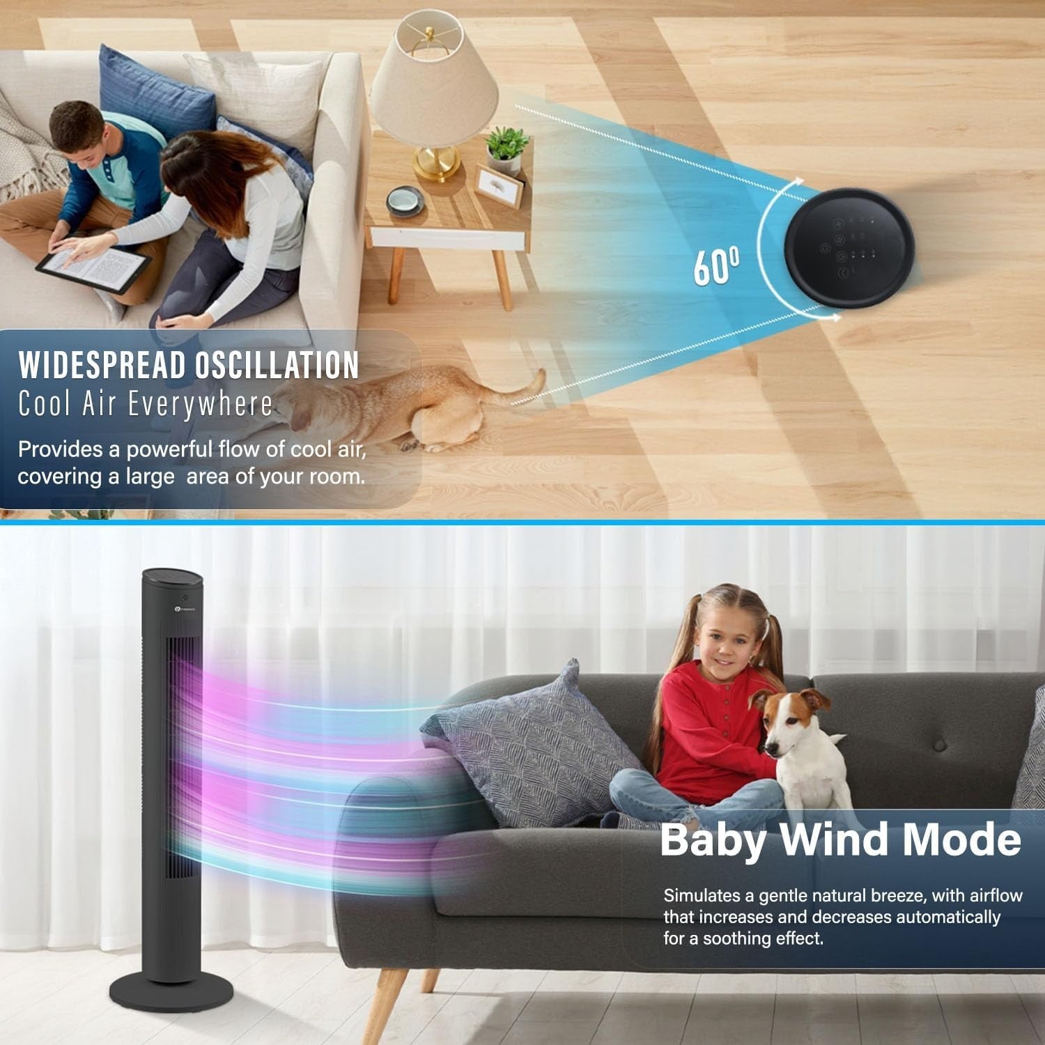 Cool Bladeless Tower Fan 43in – 3 Speed Remote Control Quiet Standing Fan Black