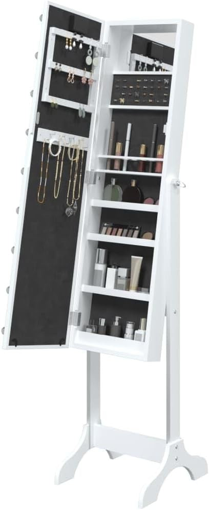 LED Standing Mirror Jewelry Cabinet Tilt Adjustable Storage Armoire White