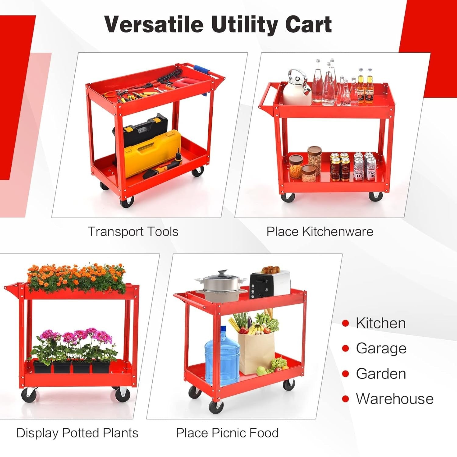 2 Tier Heavy Duty Rolling Utility Trolley Cart with Wheels Red