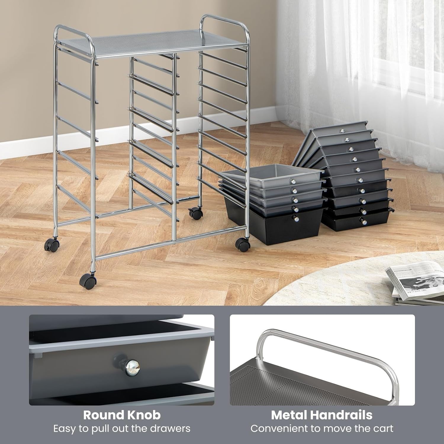 15 Drawer Rolling Storage Trolley Gradient Black Utility Organizer Cart