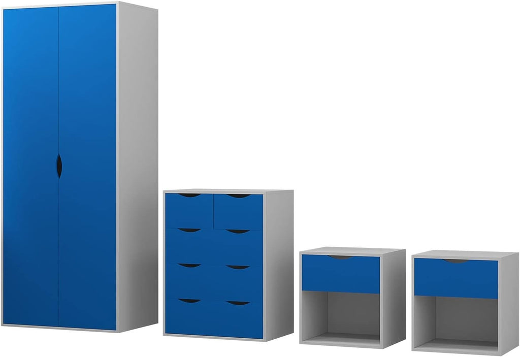 4pc Bedroom Furniture Set Wardrobe Chest Bedside Cabinet Blue on White