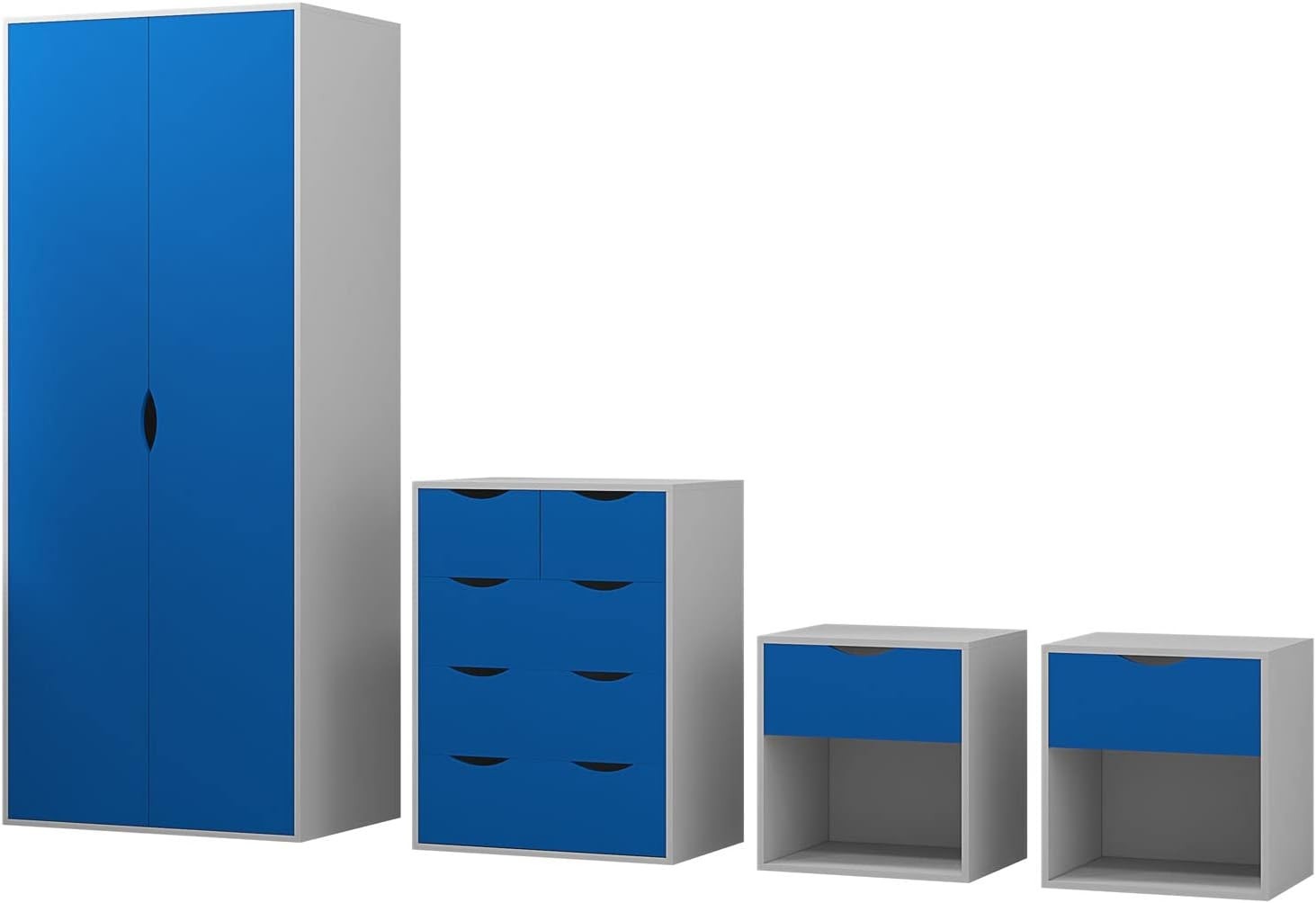 4pc Bedroom Furniture Set Wardrobe Chest Bedside Cabinet Blue on White