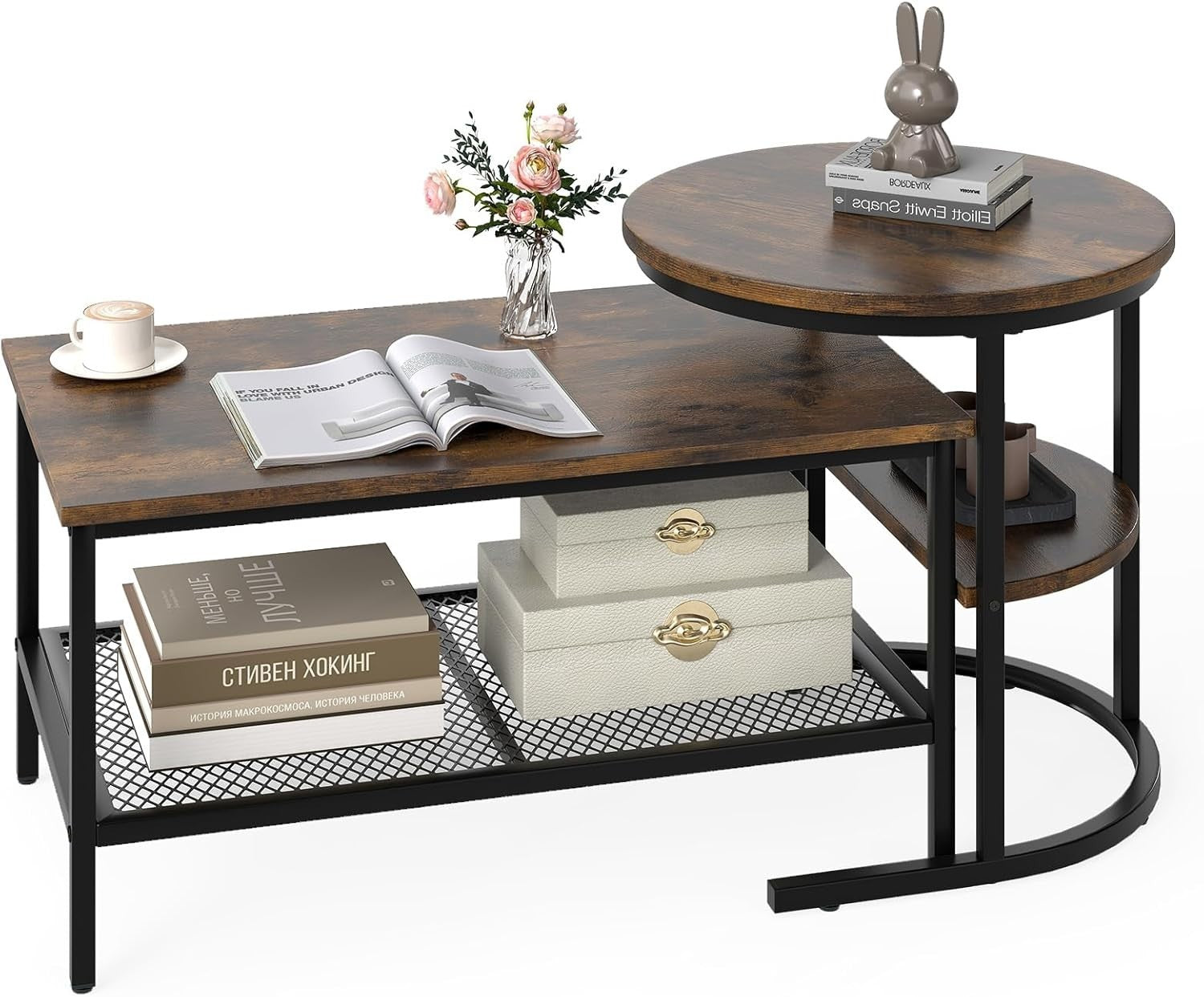 Nesting Coffee Table Set 2PCS Black Rustic Brown Faux Marble End Tables