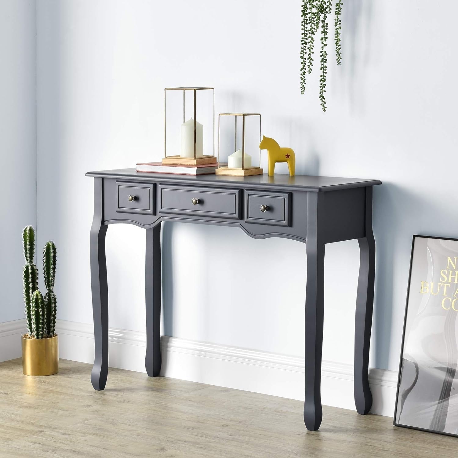 Dark Grey Console Table with 3 Drawers – Vintage Entryway Storage Unit