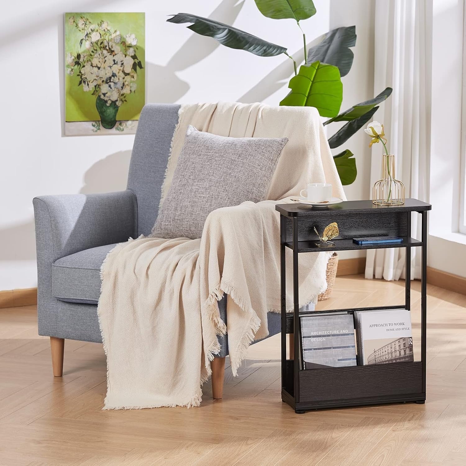 Slim 3-Tier Narrow Side Table with Storage Shelf 46x18x62.5cm Space-Saving