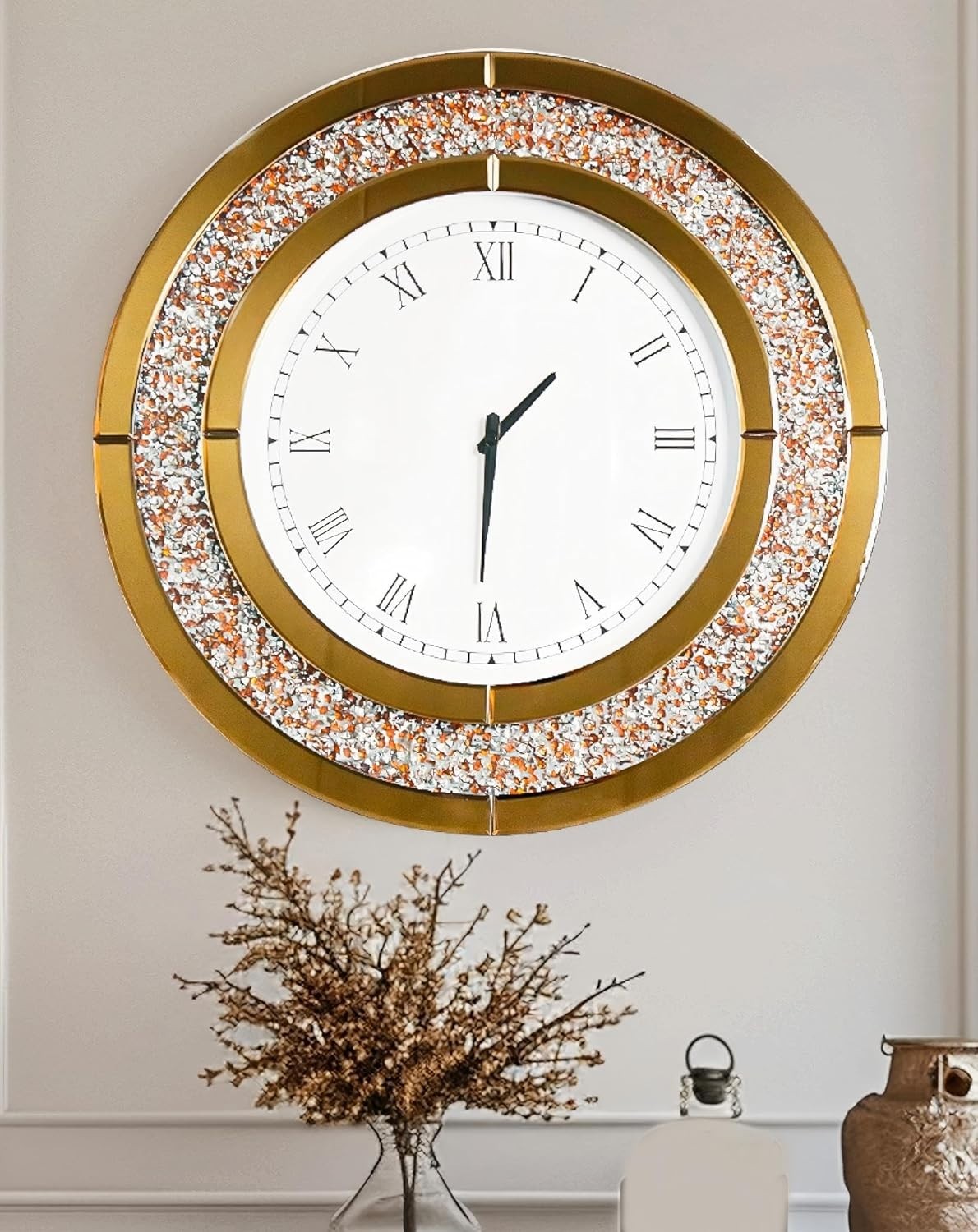 60cm Mirrored Wall Clock Crushed Diamond Inlay Roman Numerals Bling Decor