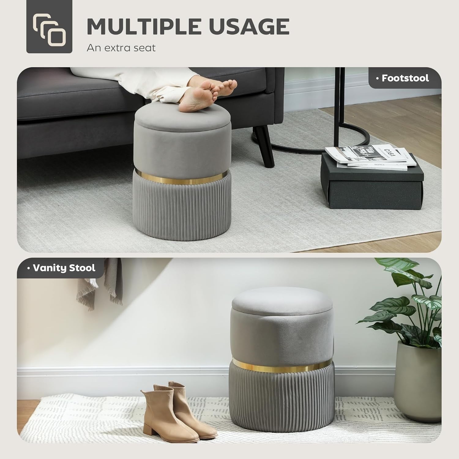 Light Grey Round Storage Stool Velvet Ottoman Padded Seat Vanity Footrest