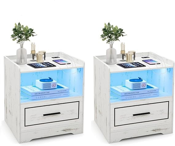 Smart LED Bedside Tables Set of 2 with Wireless Charging Drawer Storage White
