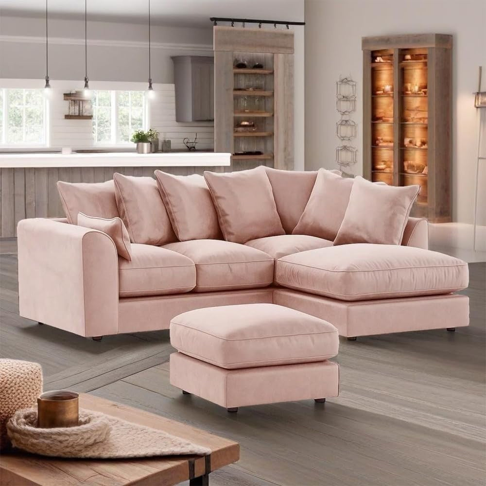 Velvet Pink Right Hand Corner Sofa – 4 Seater L Shape Settee Couch