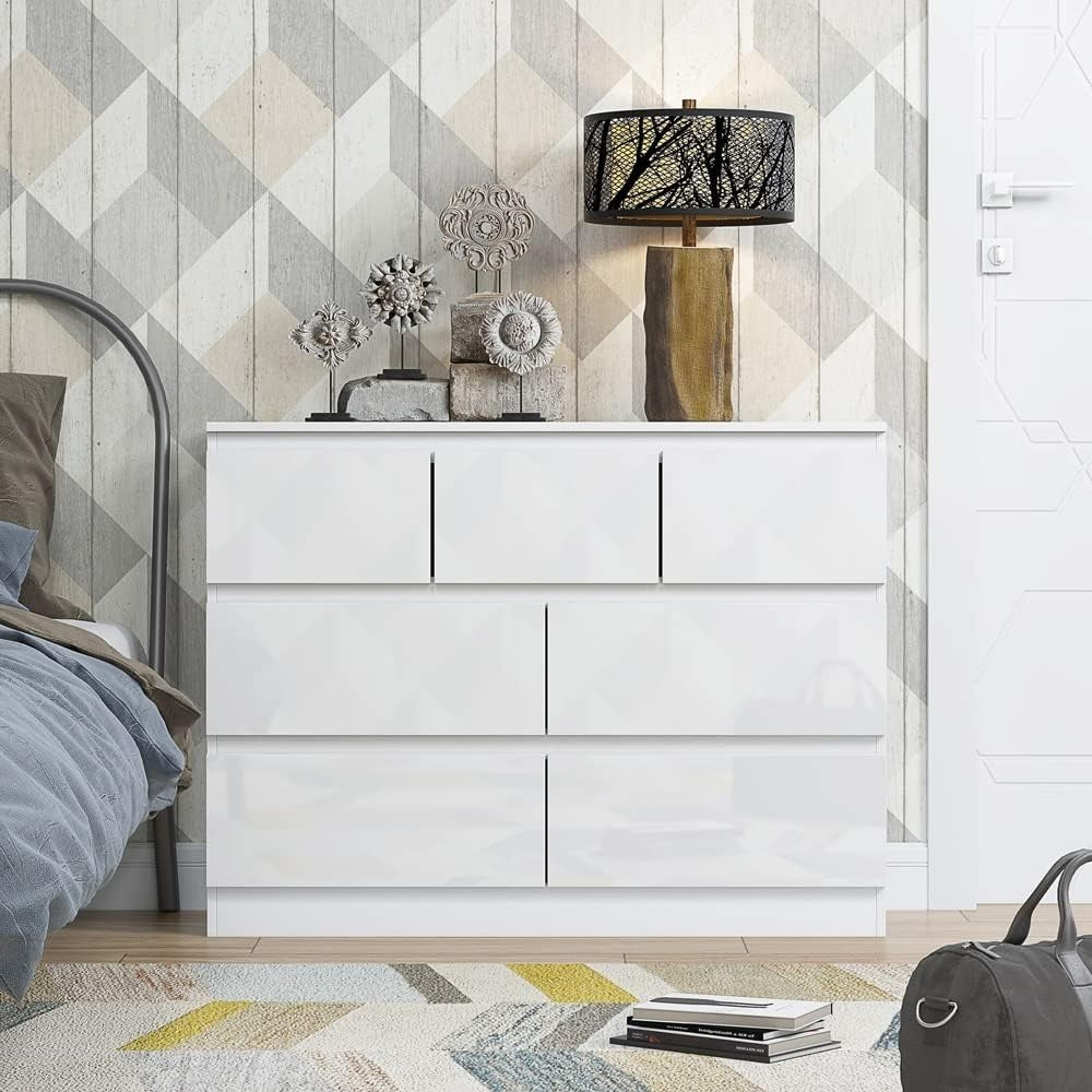 White Gloss 7 Drawer Chest Cabinet Modern Bedroom Storage Dresser