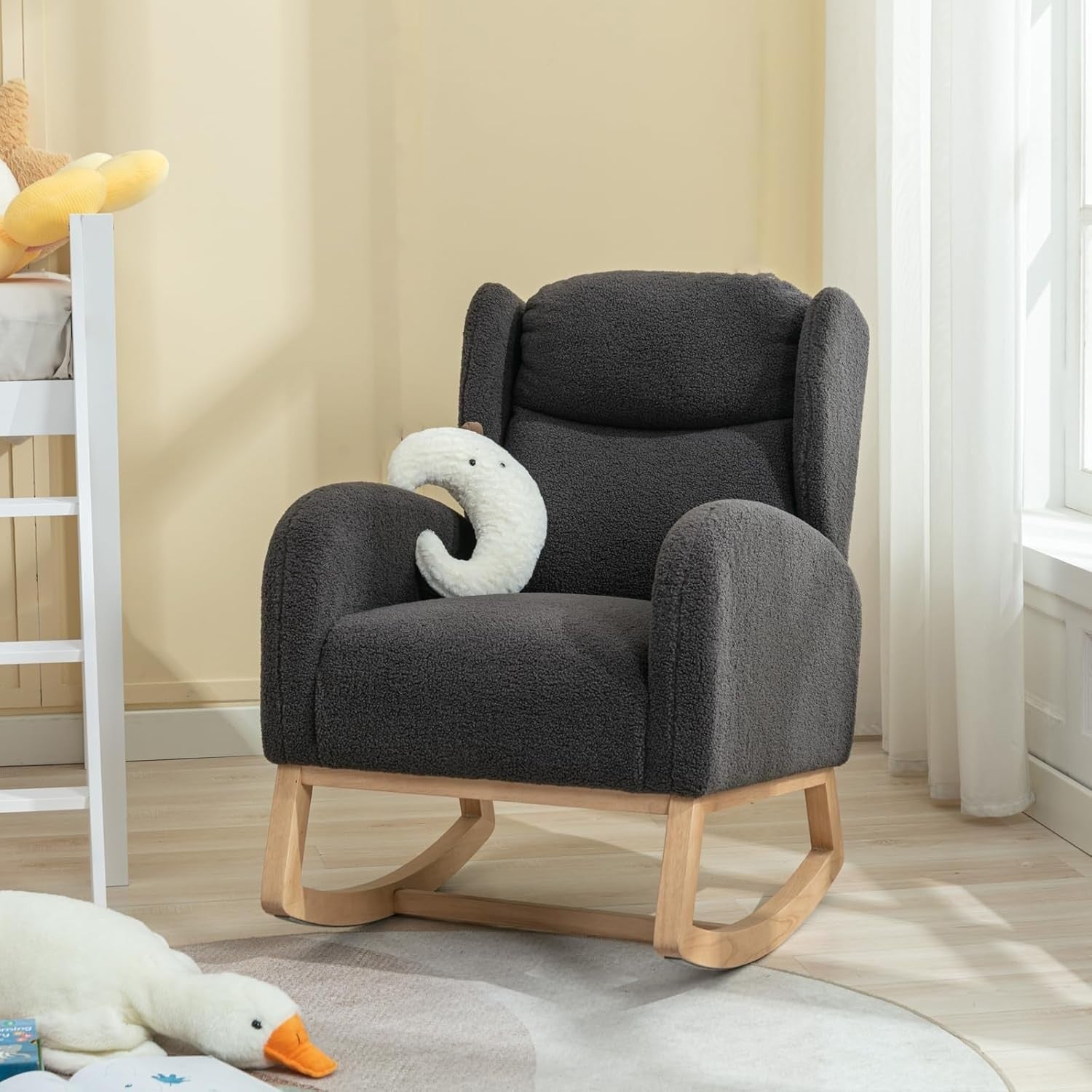 Teddy Rocking Chair Nursing Recliner Armchair Wing Back Faux Fur Grey