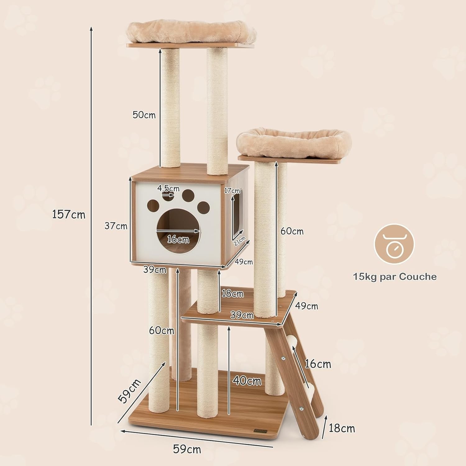 157cm Wooden Cat Tree Beige Tall Tower with Condo Perch Ladder & Sisal Posts