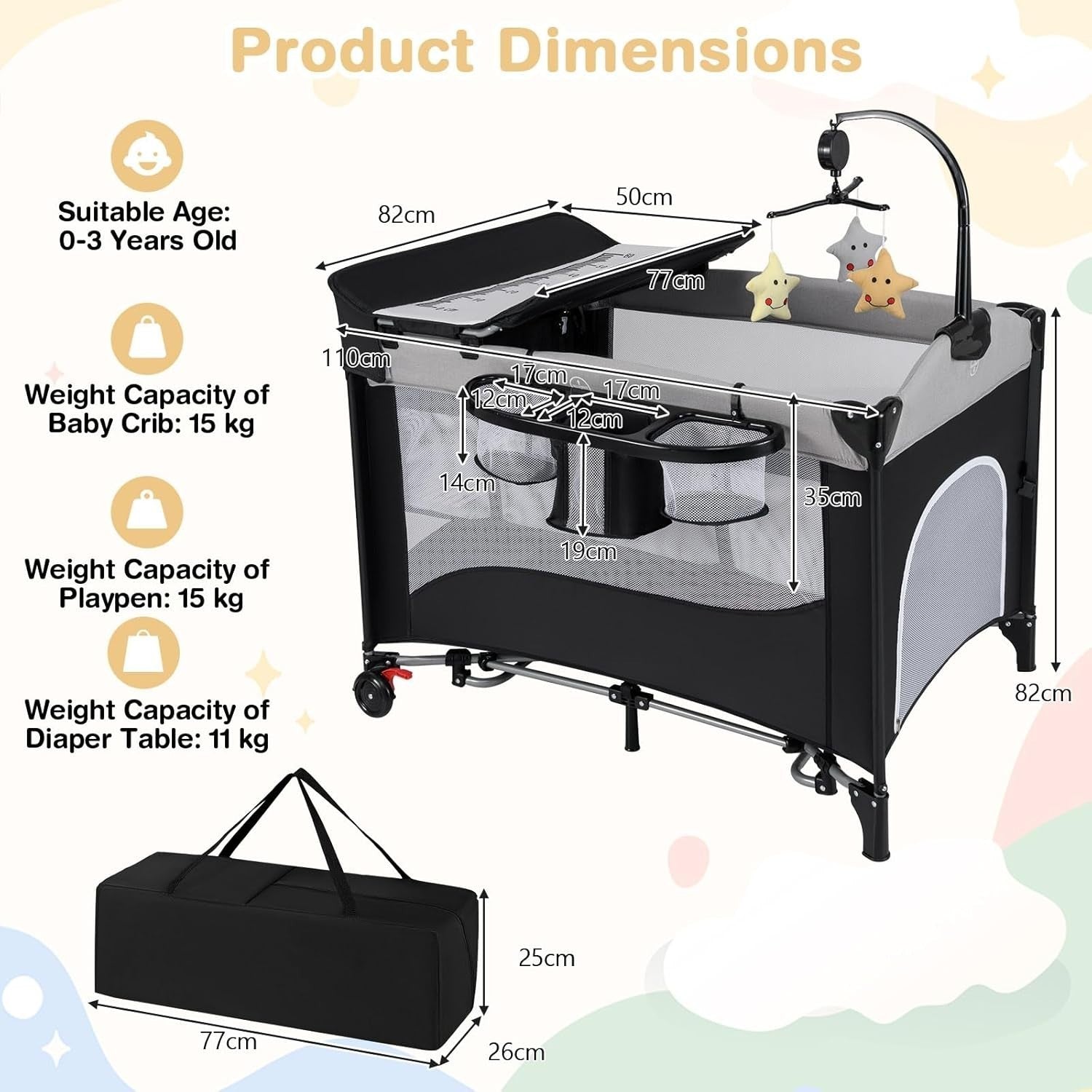 5in1 Travel Cot Baby Bedside Foldable Crib Bassinet Portable Playard Black Grey