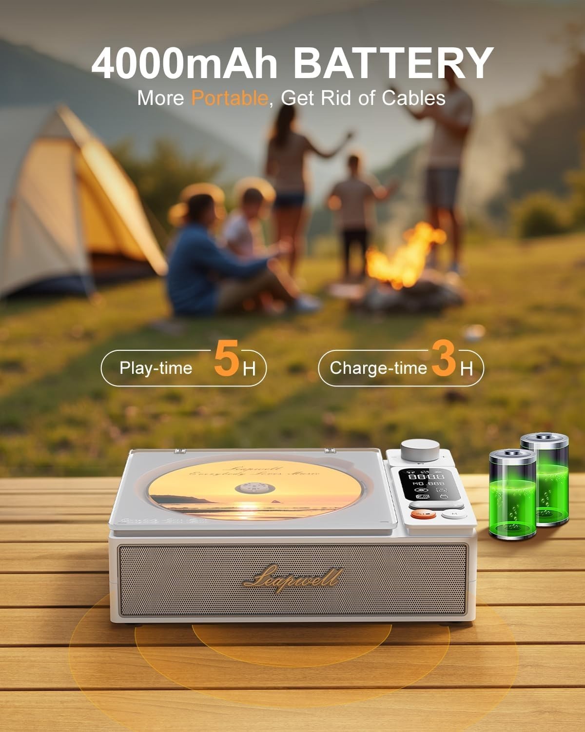 Rechargeable Bluetooth CD Player HiFi Speakers FM USB Optical Remote White
