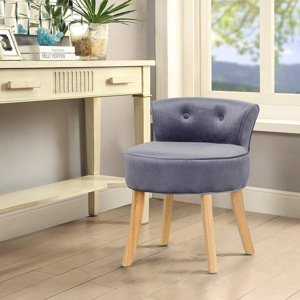 Grey Velvet Low-Back Vanity Chair – Soft Dressing Table Stool with Wood Legs