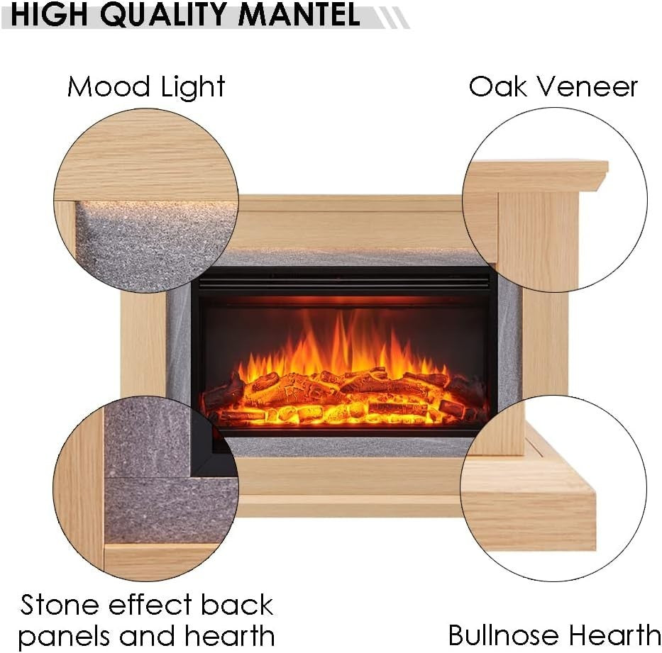 47” Oak Electric Fireplace Heater 2kW LED Flame Remote Modern Mantel
