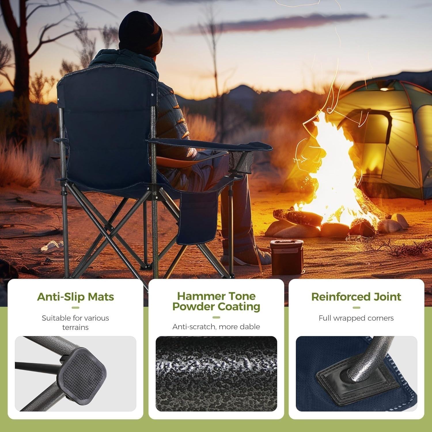 Heavy Duty Folding Camping Chairs 2-Pack with Cooler Bag & Carry Case