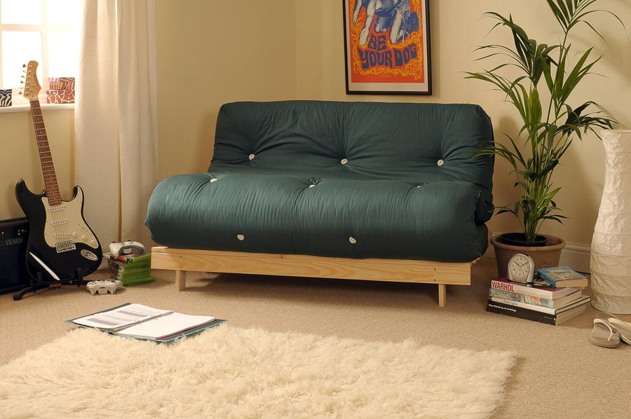 Small Double Wooden Futon Sofa Bed 4ft Tufted Green Mattress Compact