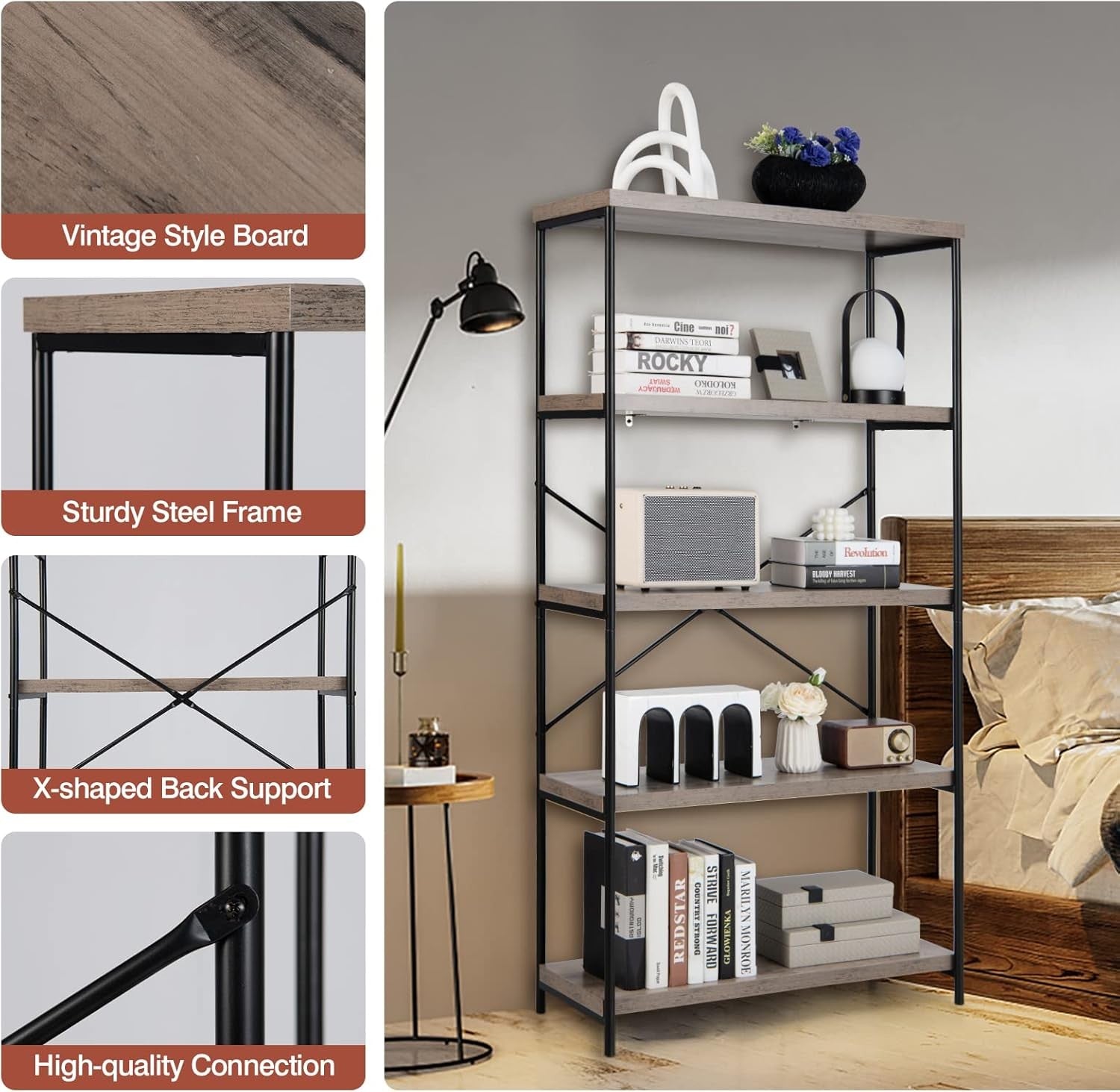 5-Tier Industrial Bookshelf Grey Wood Heavy-Duty Metal Storage Display Rack