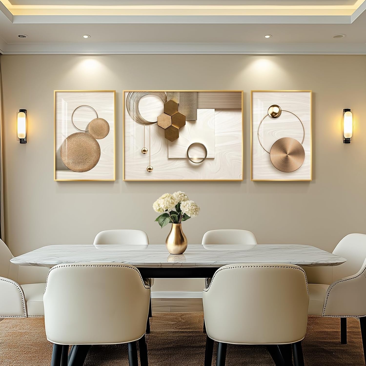Large Framed Gold Geometric Wall Art 3 Panel 24x36in Luxury