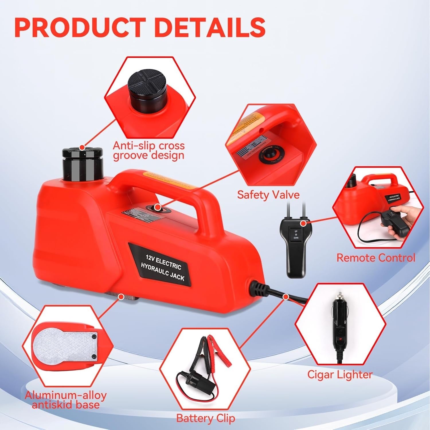 5 Ton Electric Hydraulic Car Jack 12V Portable Lift 6.1–17.7" Range for SUV/Car
