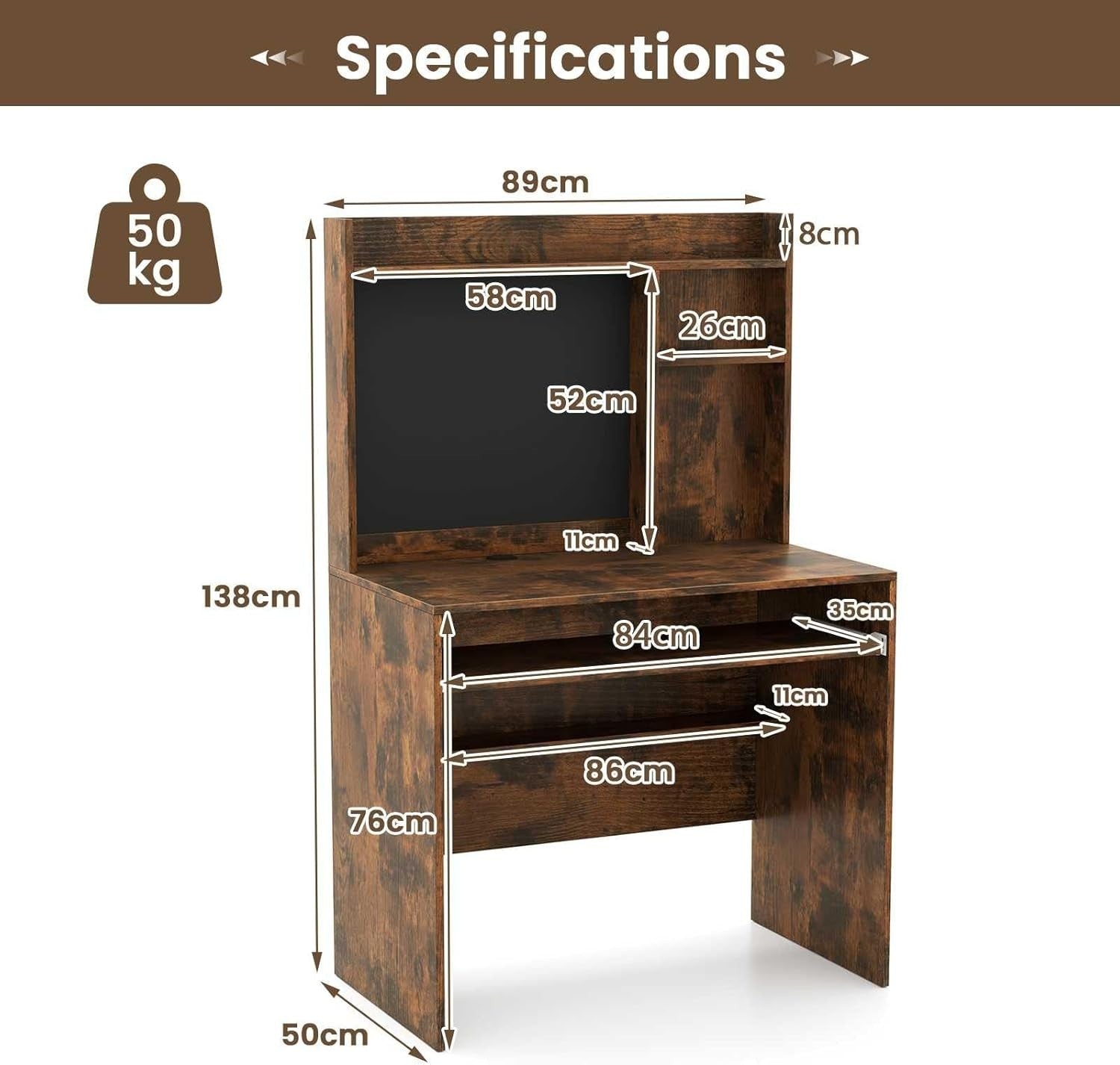 Rustic Brown Computer Desk with Hutch & Keyboard Tray Home Office Table