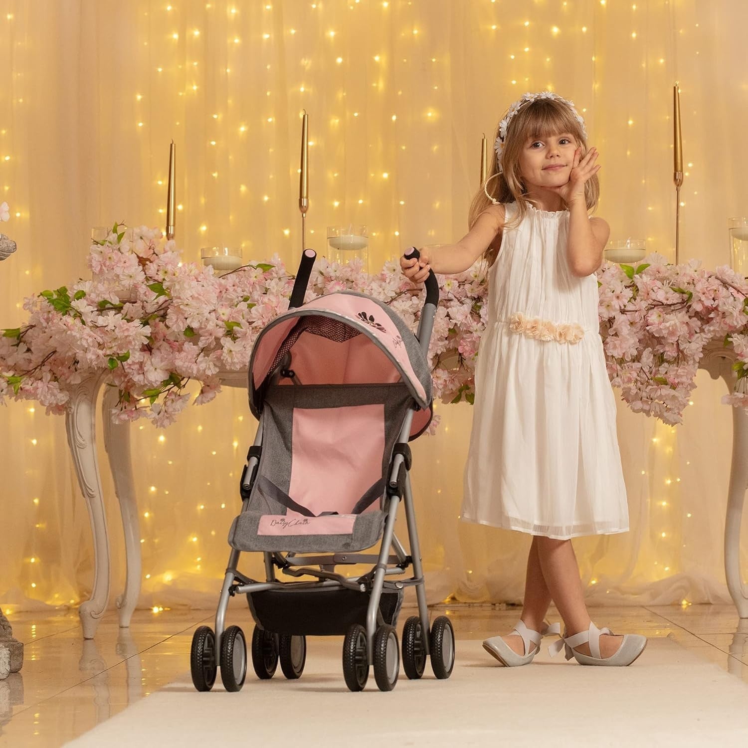 Adjustable Dolls Pushchair 76–82cm Handle, Foldable Role Play Buggy