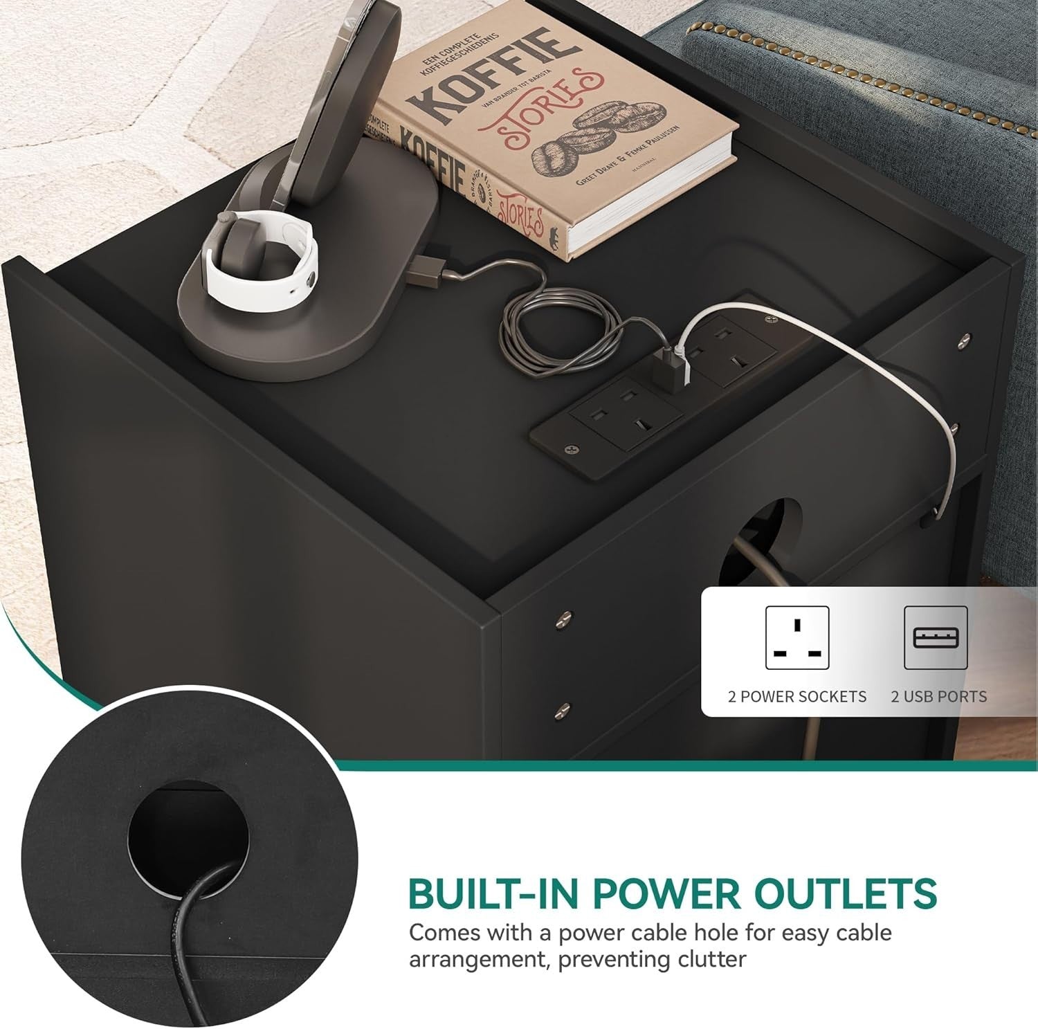 Modern Black LED Bedside Table with 2 Drawers & Tempered Glass