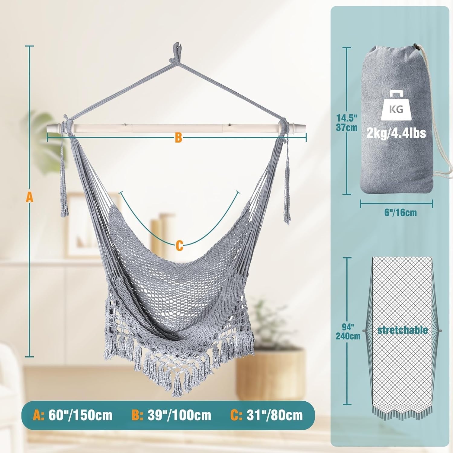 Light Grey Hanging Hammock Chair – Cotton Mesh, Indoor Outdoor, 120kg Max