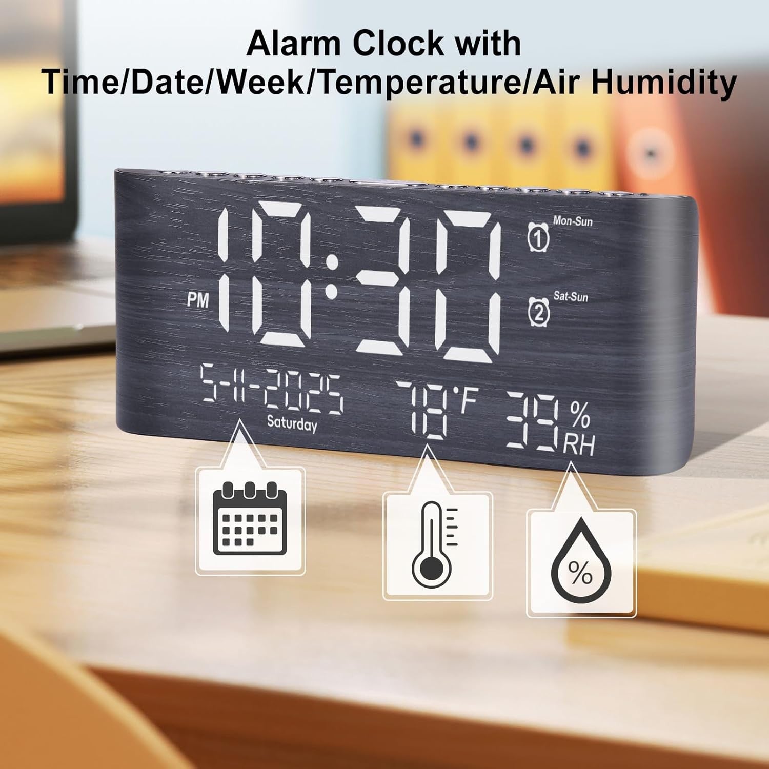 Large Digital Alarm Clock 8.7in Display Temperature Humidity USB Charger