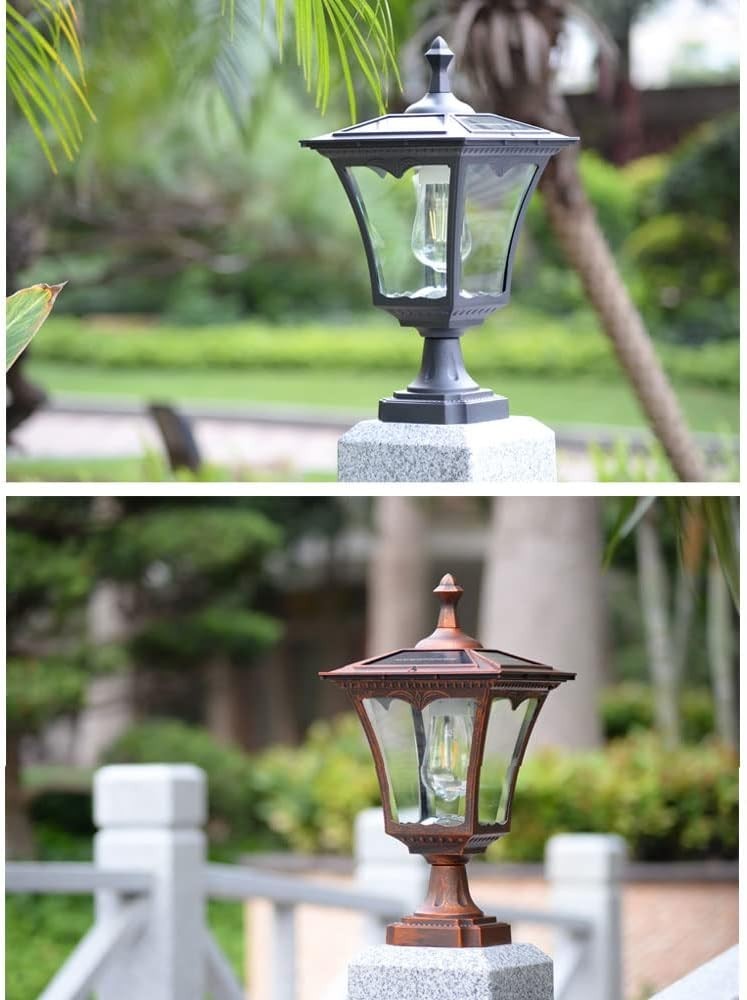 16.5" Solar Post Cap Pillar Light – IP65 Noir 6000K Glass Lantern