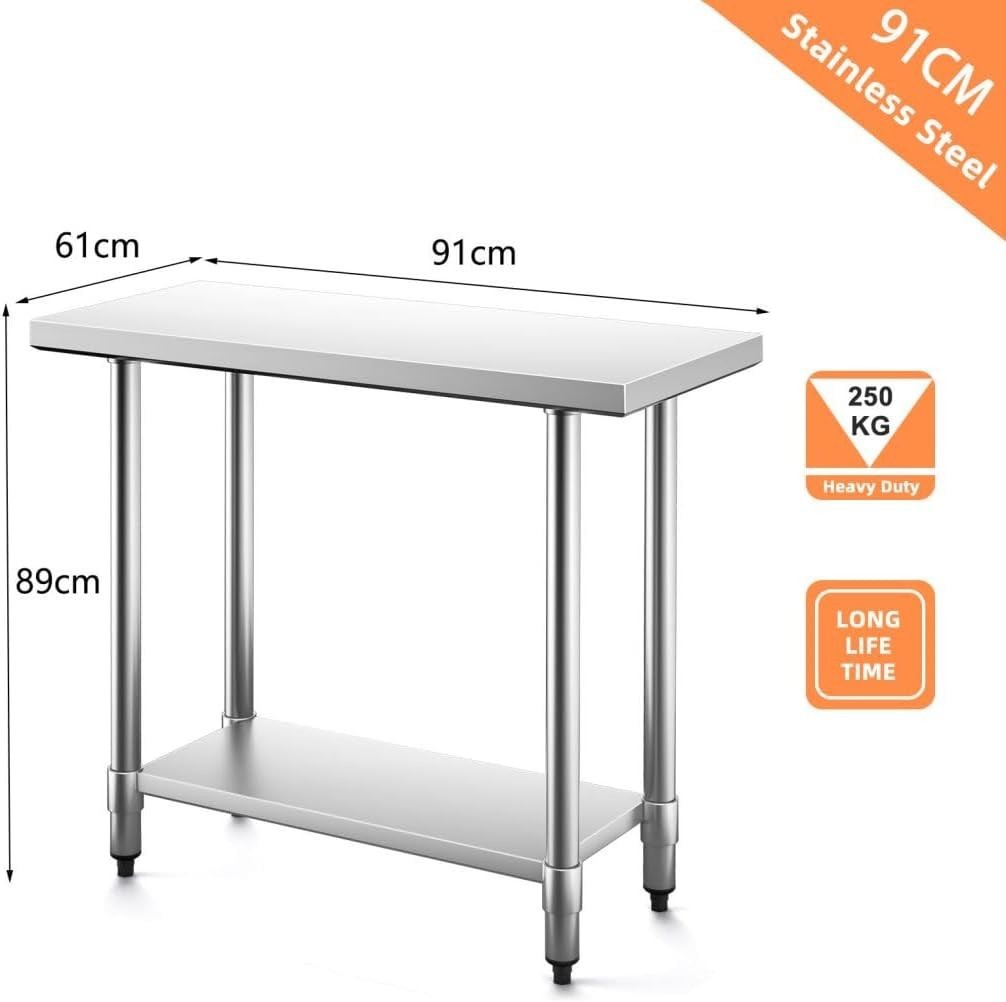 Stainless Steel Catering Table 91x61x89cm Heavy Duty Prep Bench Adjustable Shelf