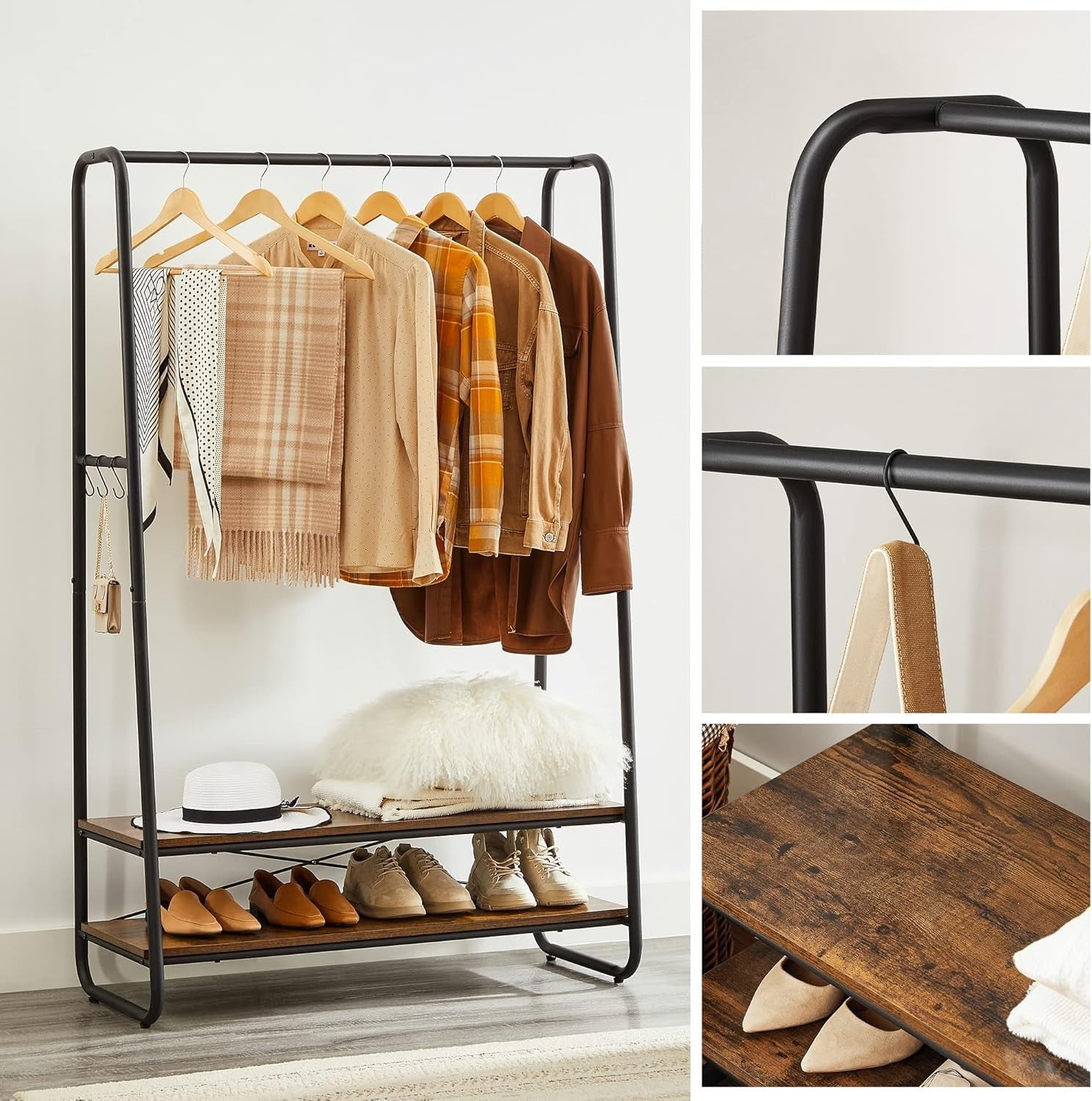 Heavy Duty Clothes Rail with Shelves & Hooks Rustic Brown Black