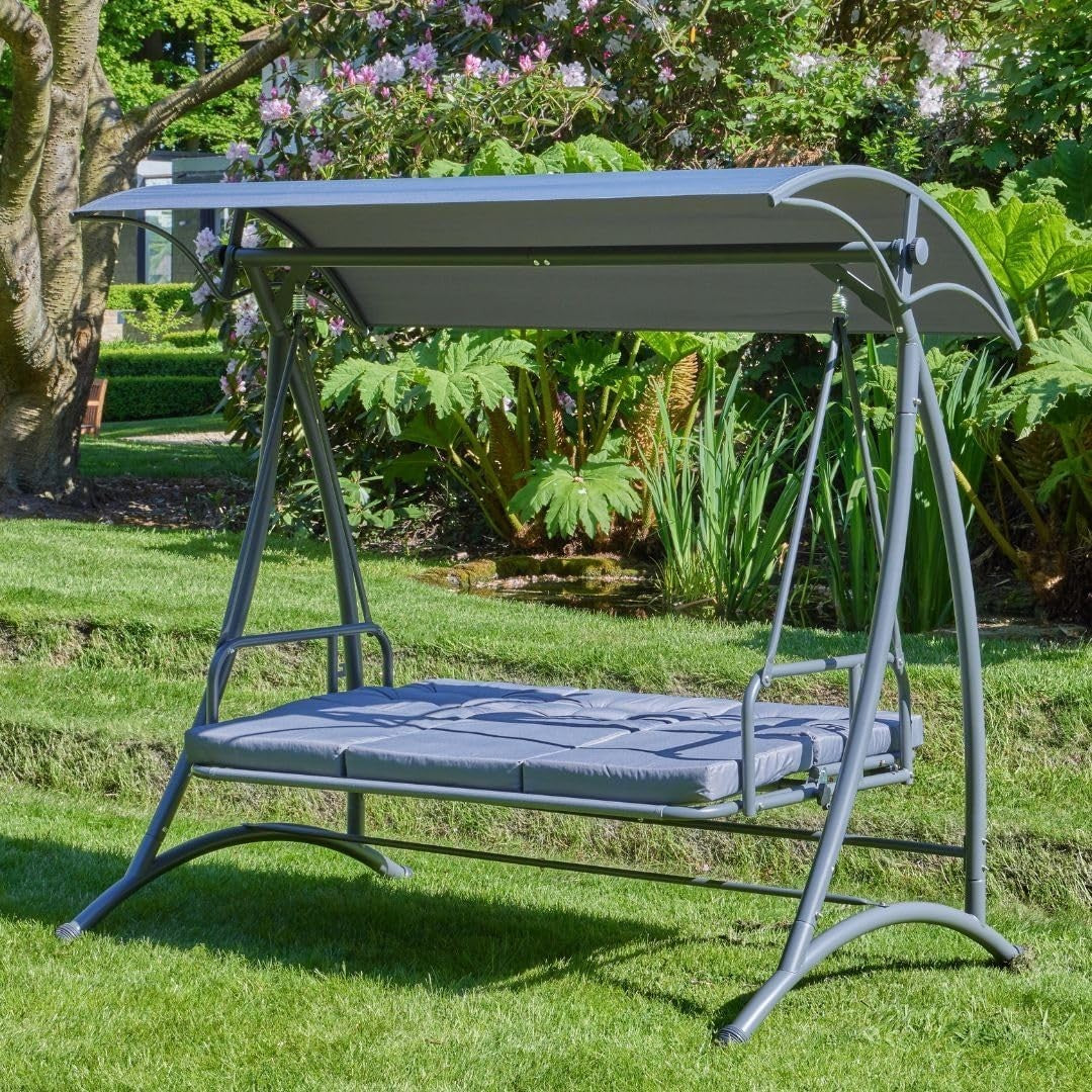 3 Seater Garden Swing Seat with Cushions Reclining Day Bed & Canopy Outdoor