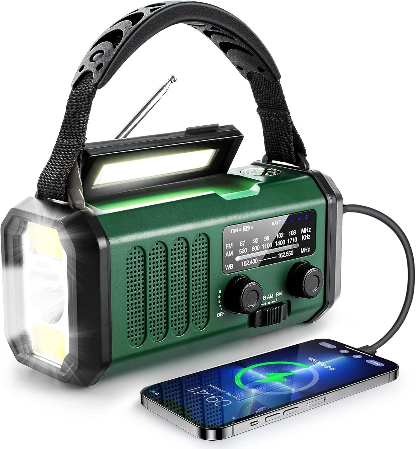 Emergency Crank Radio 10000mAh Solar, USB-C, NOAA, LED Flashlight