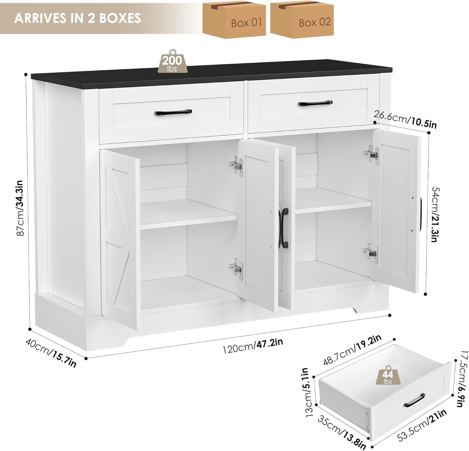 120cm Kitchen Sideboard Buffet Cabinet with Drawers & Storage – Modern White