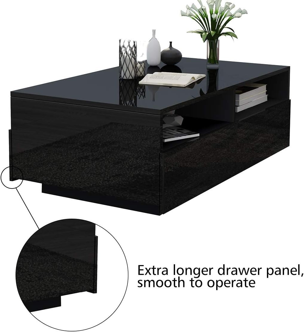 Modern Black Gloss Coffee Table with 4 Drawers & LED Light 85x55x35cm
