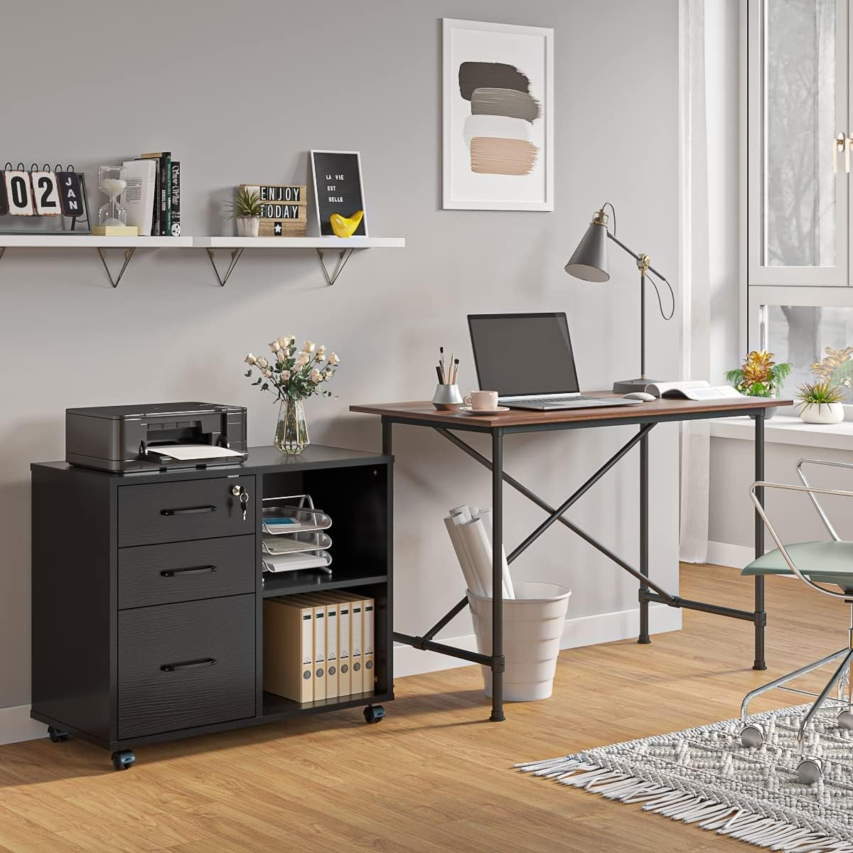 Black Lateral Mobile Filing Cabinet 3 Drawer Printer Stand Storage