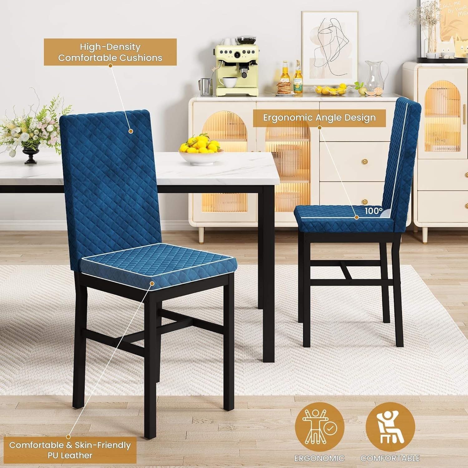 5-Piece Dining Table Set with Faux Marble Top & 4 Velvet Chairs, White & Blue