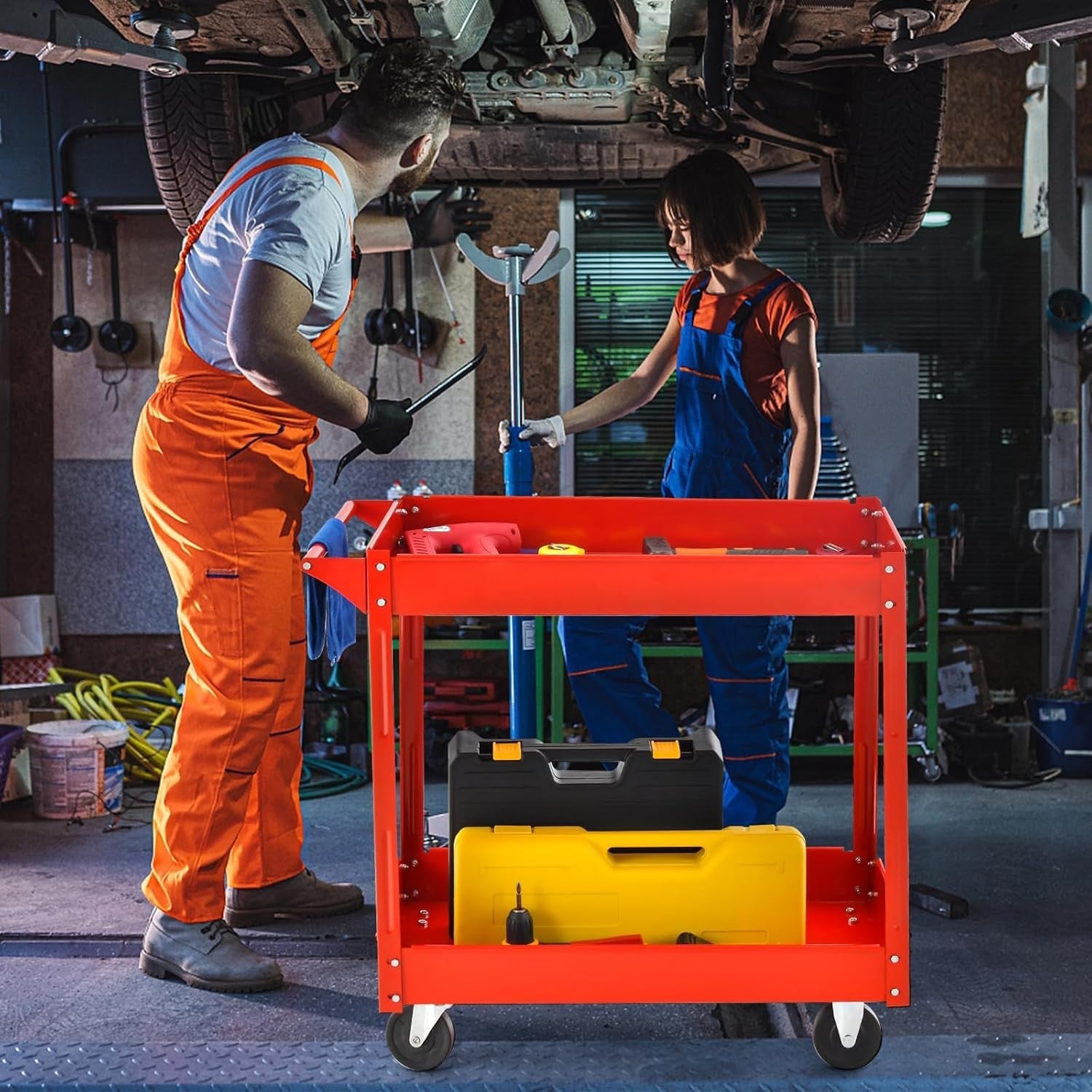 2 Tier Heavy Duty Rolling Utility Trolley Cart with Wheels Red
