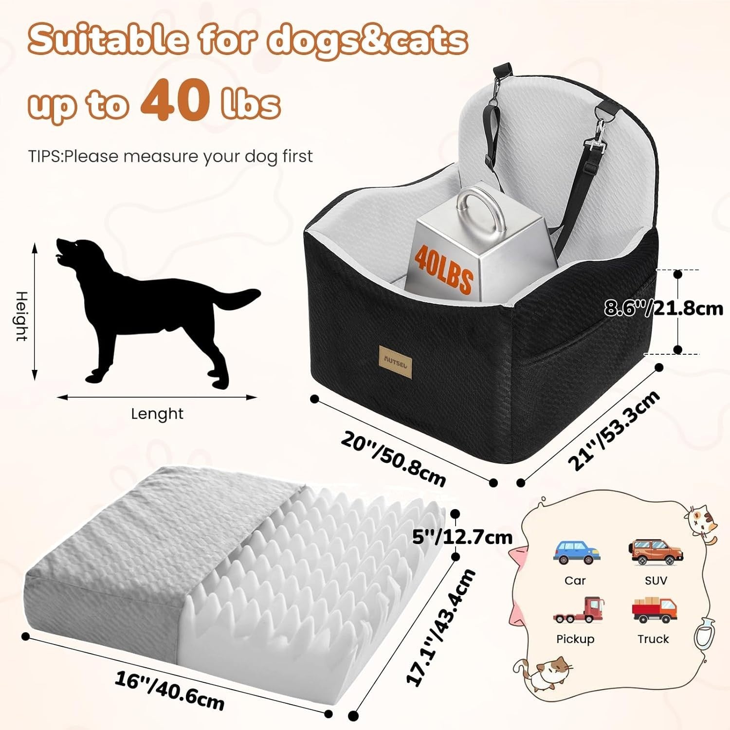 Dog Booster Car Seat Washable Travel Bed Safety Leash 40lb Black Grey