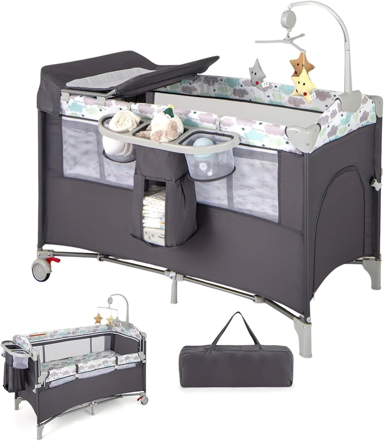 5in1 Baby Travel Cot Foldable Crib with Mattress Basket Changer & Storage Dark