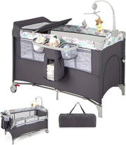 5in1 Baby Travel Cot Foldable Crib with Mattress Basket Changer & Storage Dark