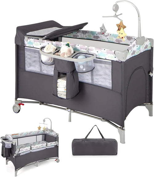 5in1 Baby Travel Cot Foldable Crib with Mattress Basket Changer & Storage Dark