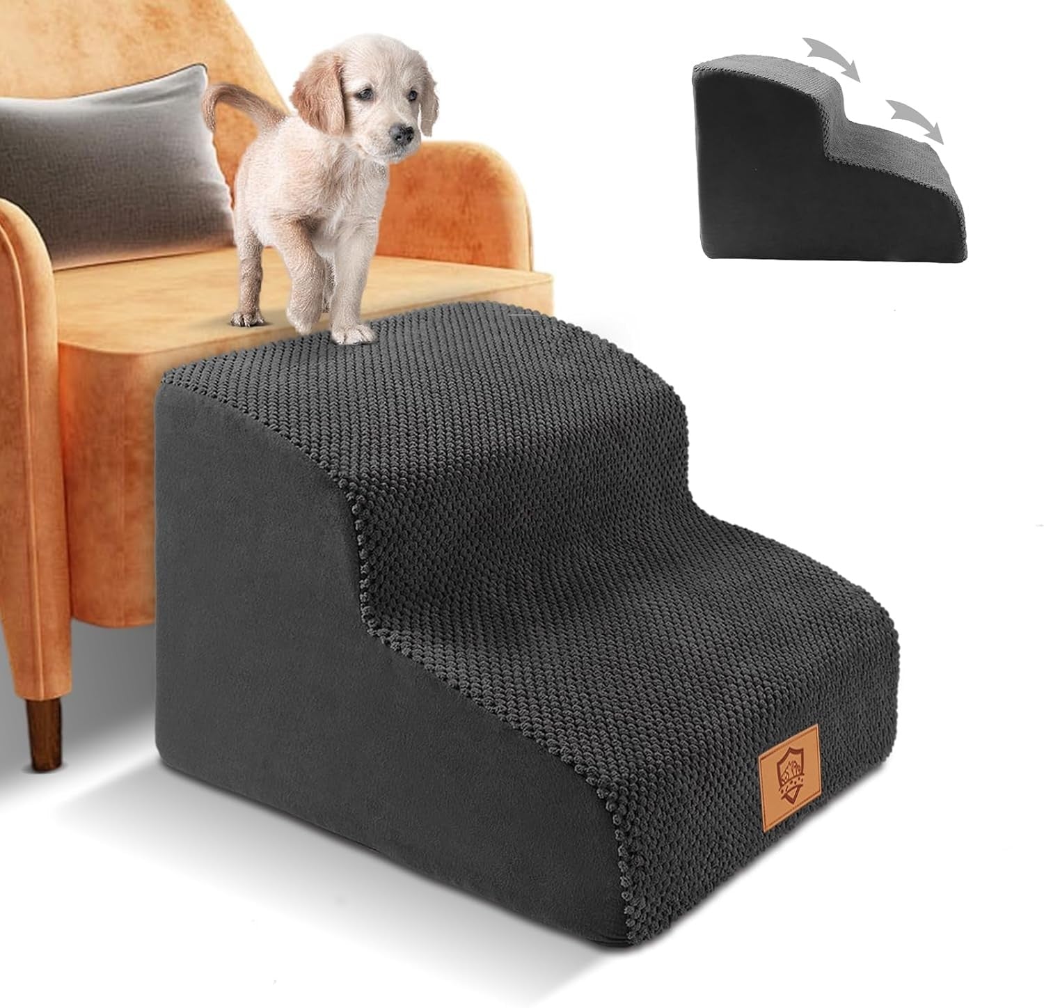 Premium 2‑Step Foam Dog Stairs & Ramp for Bed Sofa – Non‑Slip, Washable Cover