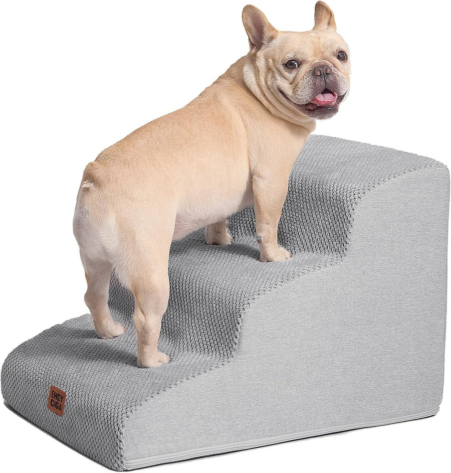 3 Step Dog Stairs for Bed Non Slip Foam Pet Steps Washable Light Grey